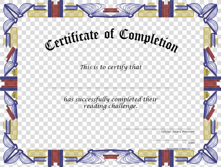 Reading Challenge Certificate Of Completion Freebies   Diploma  HD Png DownloadTransparent PNG