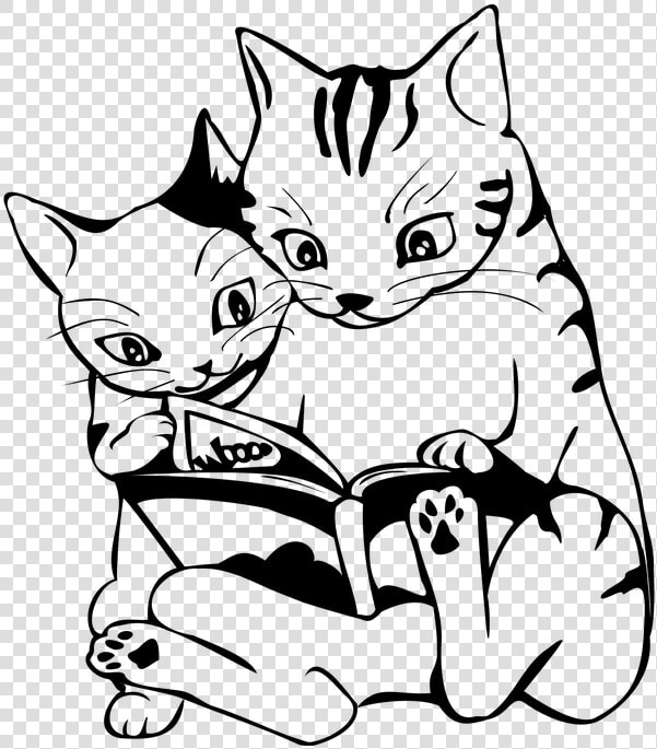 White line Art cat black And White small To Medium   Cat Reading Book Clipart Black And White  HD Png DownloadTransparent PNG