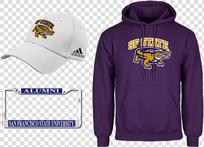 Sf State Branded Hat  License Plate And Purple Hoodie   Nassau Community College Hoodie  HD Png DownloadTransparent PNG