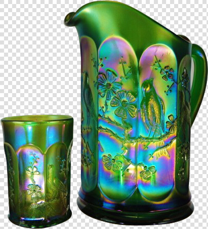 Northwood Singing Birds Emerald Green Water Pitcher   Carnival Glass Aster Tumblers  HD Png DownloadTransparent PNG