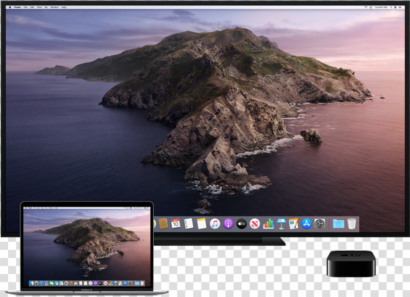 A Mac  An Hdtv  And Apple Tv Set Up For Airplay Mirroring   Mac Os Catalina Wallpaper 4k  HD Png DownloadTransparent PNG