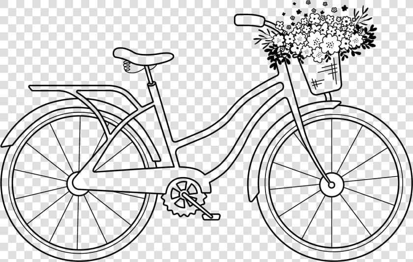 Free Digital Stamp Vintage Bike With Floral Basket   Bike With Flowers Clipart Black And White  HD Png DownloadTransparent PNG