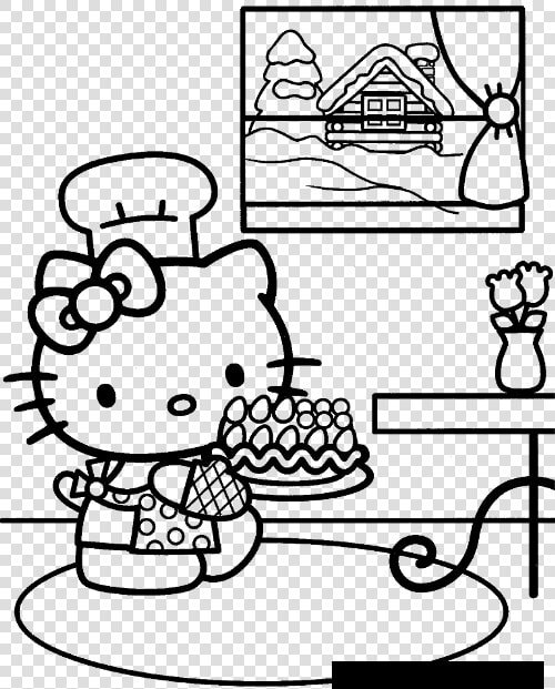 Hello Kitty Making Cake 7be1 Coloring Pages   Hello Kitty Happy Birthday Coloring Pages  HD Png DownloadTransparent PNG
