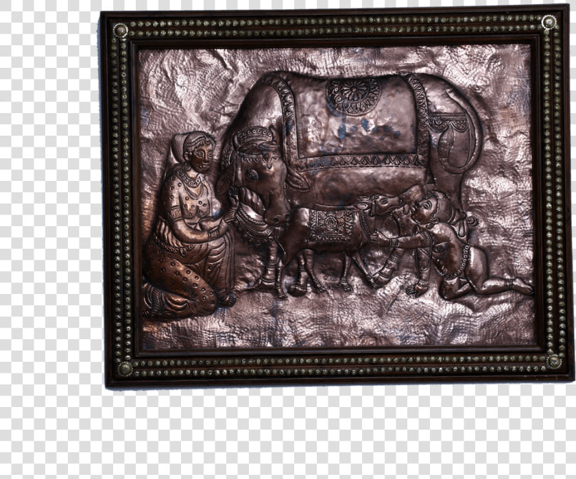 Copper Art Vastu Yashoda Krishna With Cow With Woodenframe   Picture Frame  HD Png DownloadTransparent PNG