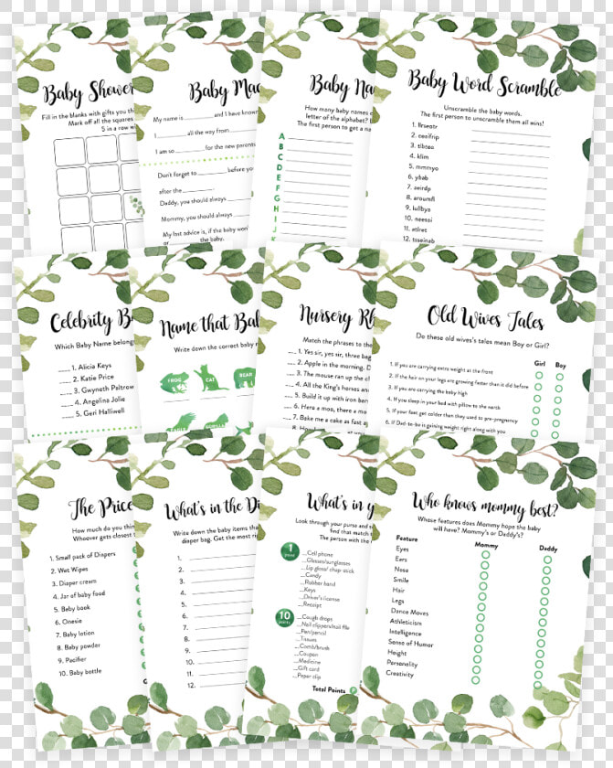 Greenery Foliage Baby Shower Game Pack   Greenery Baby Shower Games  HD Png DownloadTransparent PNG