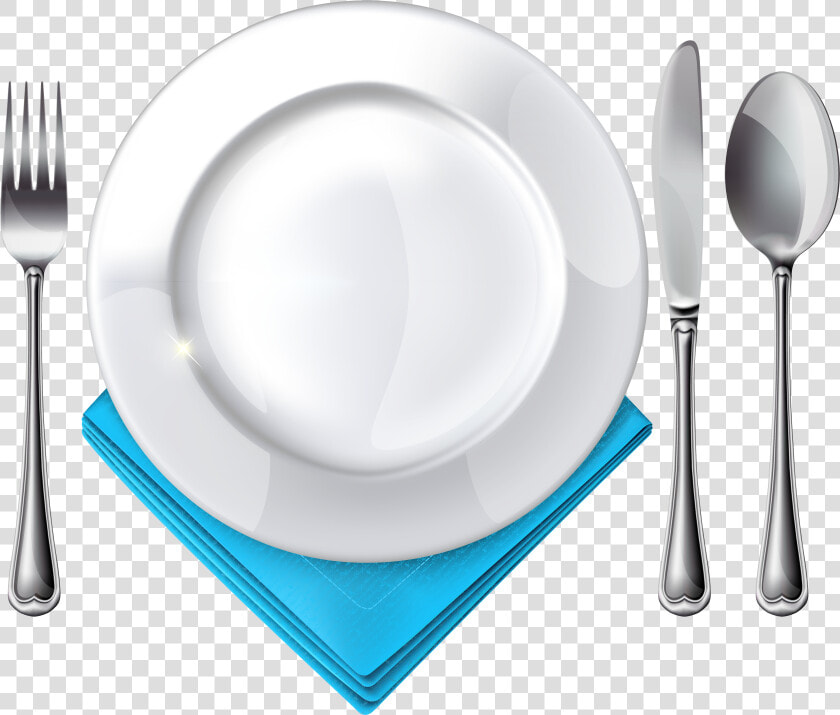 Plate Spoon Knife Fork And Blue Napkin Png Clipart   Plate Spoon And Fork  Transparent PngTransparent PNG