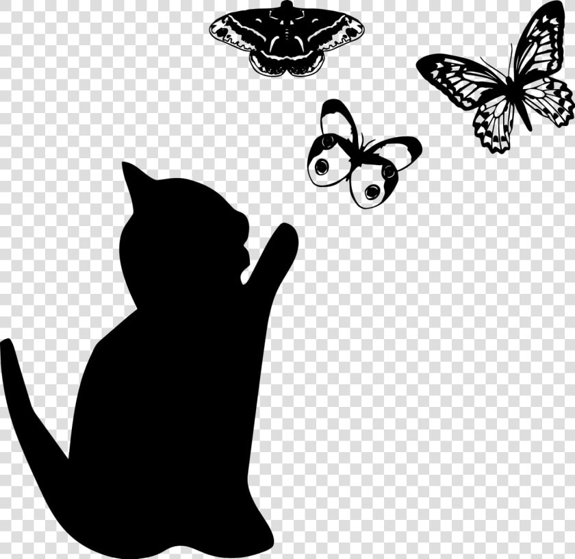 Cat And Butterflies  Cat Silhouette   Cats Silhouette Playing  HD Png DownloadTransparent PNG