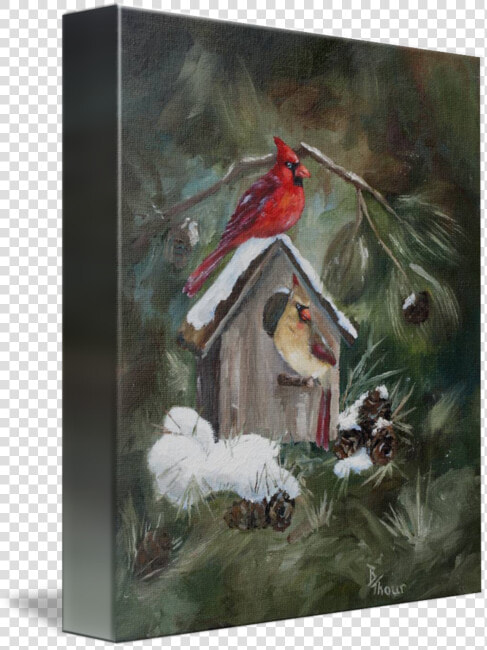 Cardinals On Snow Covered Birdhouse By Brenda Thour   Postal Navideña Con Cardenales  HD Png DownloadTransparent PNG