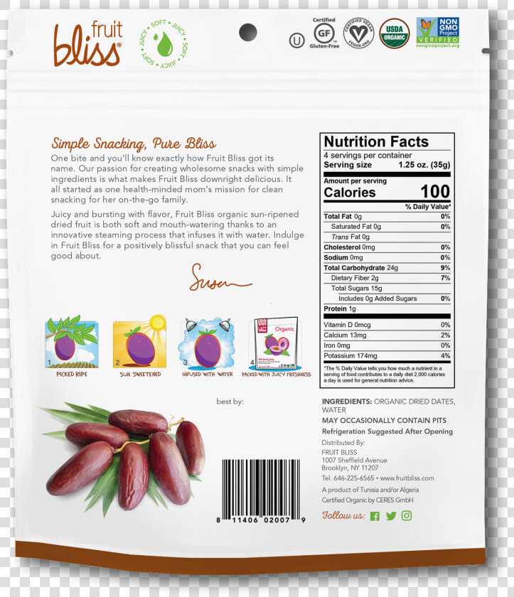 Fruit Bliss Organic Snacks Dates   Back Package Dried Fruit  HD Png DownloadTransparent PNG