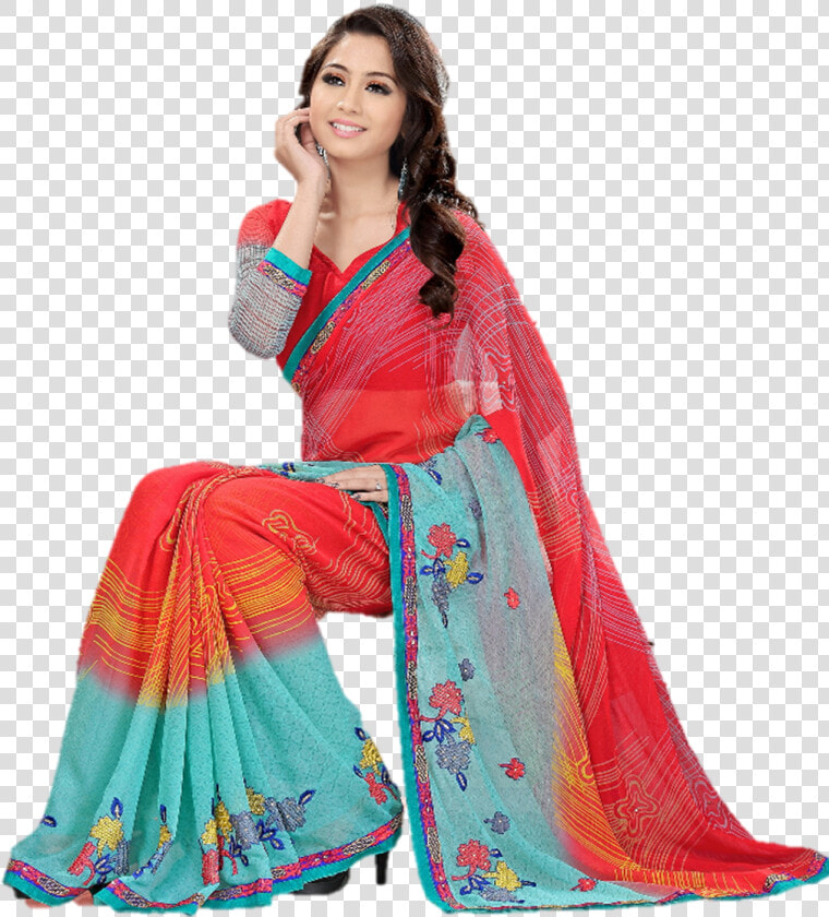 Sharda Sarees Blue And Red Designer Embroidered Saree   Model Saree Image Hd  HD Png DownloadTransparent PNG