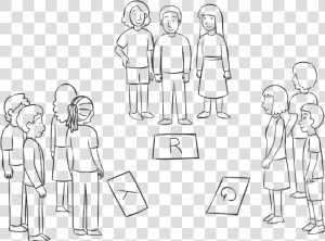 Three Small Groups Standing By Signs Which Reflect   Line Art  HD Png Download
