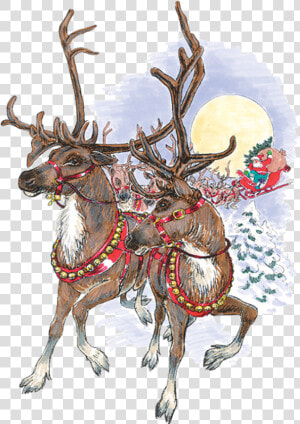 Clipart Reindeer Realistic   Vintage Santa And Reindeers  HD Png Download