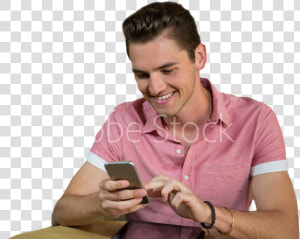 Smiling Man Using Smart Phone At Table In Coffee Shop   Smartphone  HD Png Download