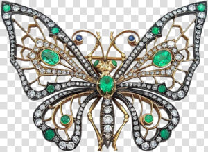 Emerald Diamond Silver And 14 Karat Gold Butterfly   Brooch  HD Png Download