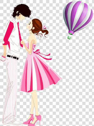 Romantic Hot Air Balloon Cartoon Couple Elements   Valentine Day Cartoon Couple  HD Png Download