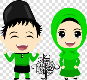 Cartoon Raya Aidilfitri Green Hijab Cartoon   Eid Mubarak Cartoon Png  Transparent Png