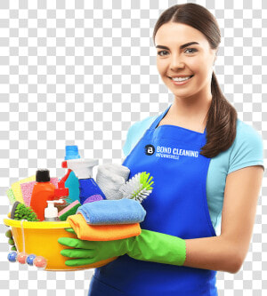 Smiling Woman Standing With A Bucket Full Of Bottles   Cleaning Girl Png  Transparent Png