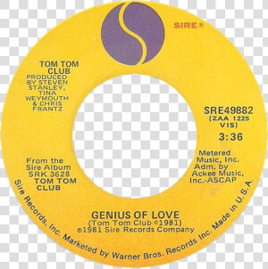 Genius Of Love By Tom Tom Club A side Us Vinyl   Circle  HD Png Download