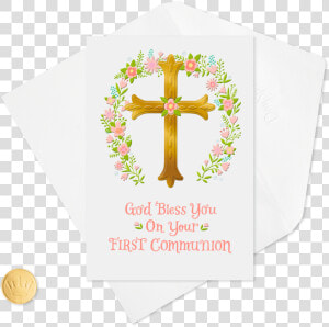 Gold Cross And Pink Flower Wreath First Communion Card   Gold Cross With Flowers  HD Png Download