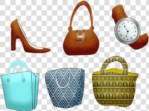 Shopping Bags  Purse  High Heeled Shoes  Watch  Leather   Shopping Bag  HD Png Download