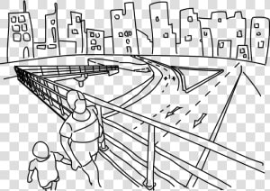 City  Walk  Bridge  Buildings  Transit  Street   Walking Bridge Cartoon Black And White  HD Png Download