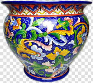 Cachepot With Colored Scrolls And Blue Background   Porcelain  HD Png Download