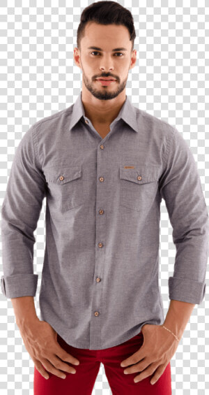 Camisa Masculina Manga Longa Slim Com 2 Bolsos Algodão   Camiseta Dois Bolsos Masculina  HD Png Download
