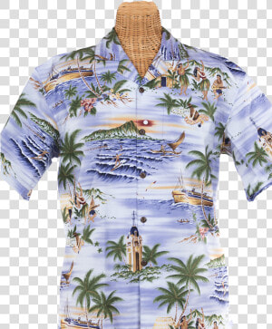 Newt S Retro print Aloha Shirt With The Aloha Tower   1950s Palm Tree Hawaiian Shirt  HD Png Download