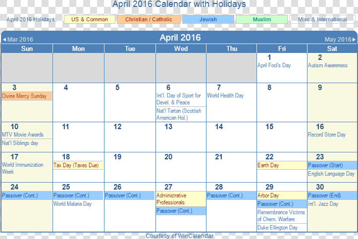 April 2016 Printable Calendar With Us Holidays Including   May 2018 Holiday Calendar  HD Png DownloadTransparent PNG
