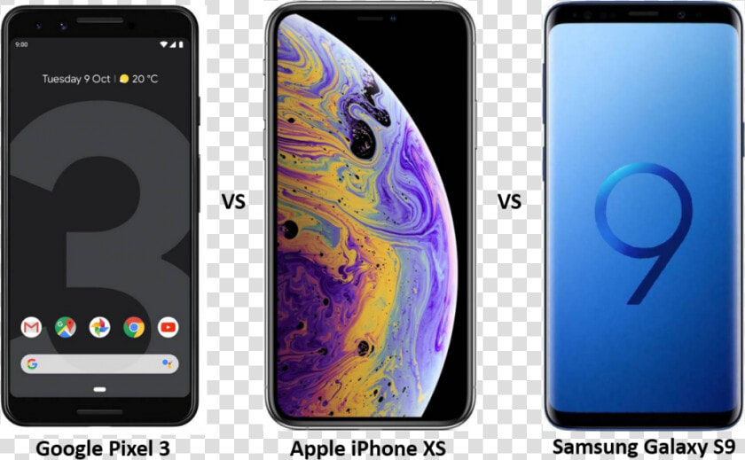 Google Pixel 3 Vs Iphone Xs Vs Samsung Galaxy S9   Google Pixel 3 Vs Iphone Xs Vs Samsung S9  HD Png DownloadTransparent PNG
