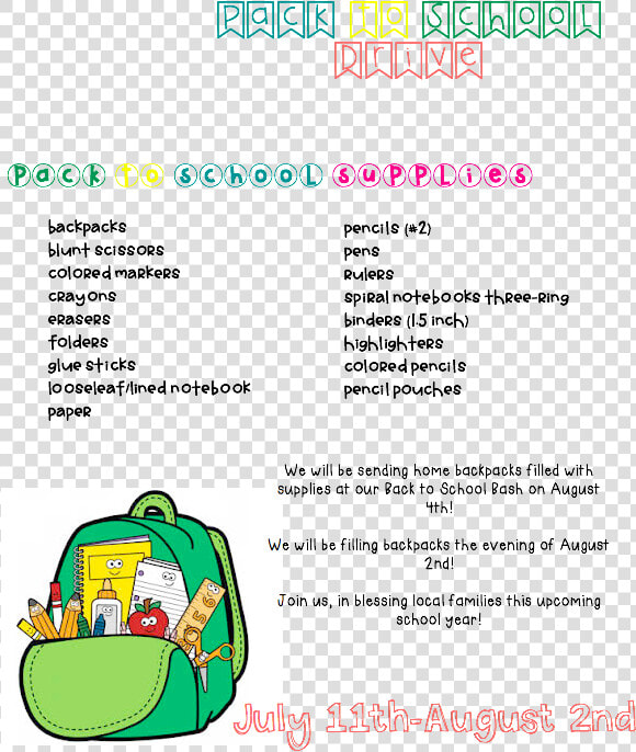 Pack To School school Supplies Drive   Png Download   Cartoon Clipart School Bag  Transparent PngTransparent PNG
