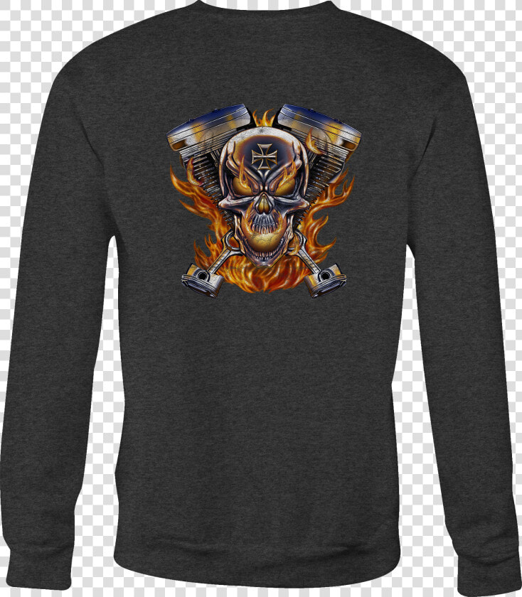 Crewneck Sweatshirt Flaming Pistons Racing Skull Iron   Long sleeved T shirt  HD Png DownloadTransparent PNG