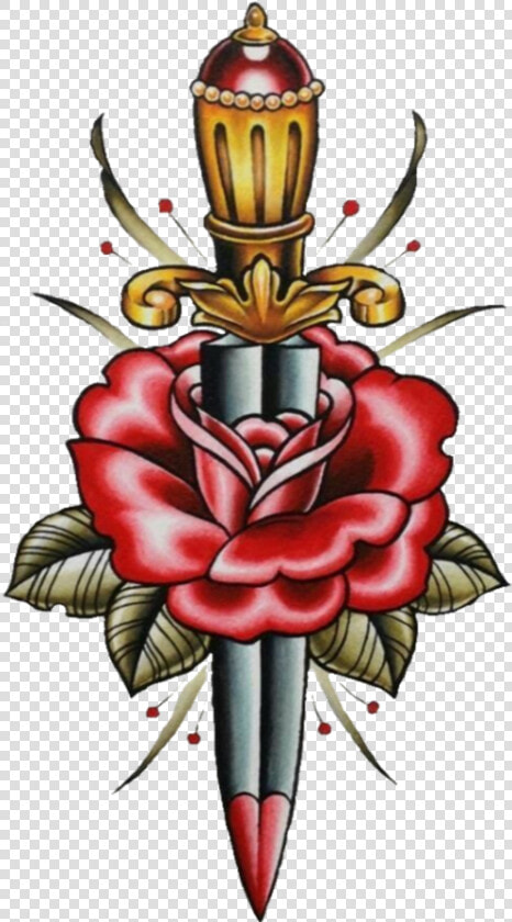 mq  red  rose  roses  tattoo  knife  oldschool   Traditional Dagger And Rose  HD Png DownloadTransparent PNG